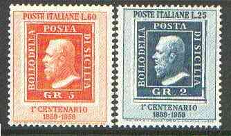 Italy 1959 Sicilian Stamp Centenary set of 2 unmounted mint SG 986-87*, stamps on stamp on stamp, stamps on stamp centenary, stamps on stamponstamp