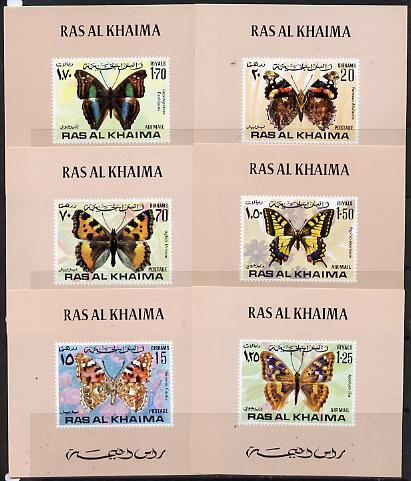 Ras Al Khaima 1971 Butterflies set of 6 unmounted mint imperf deluxe miniature sheets (pink background), stamps on butterflies