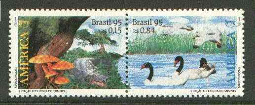 Brazil 1995 America Environmental Protection se-tenant pair unmounted mint SG 2727-28, stamps on , stamps on  stamps on birds, stamps on americana, stamps on animals, stamps on reptiles, stamps on fungi, stamps on swans