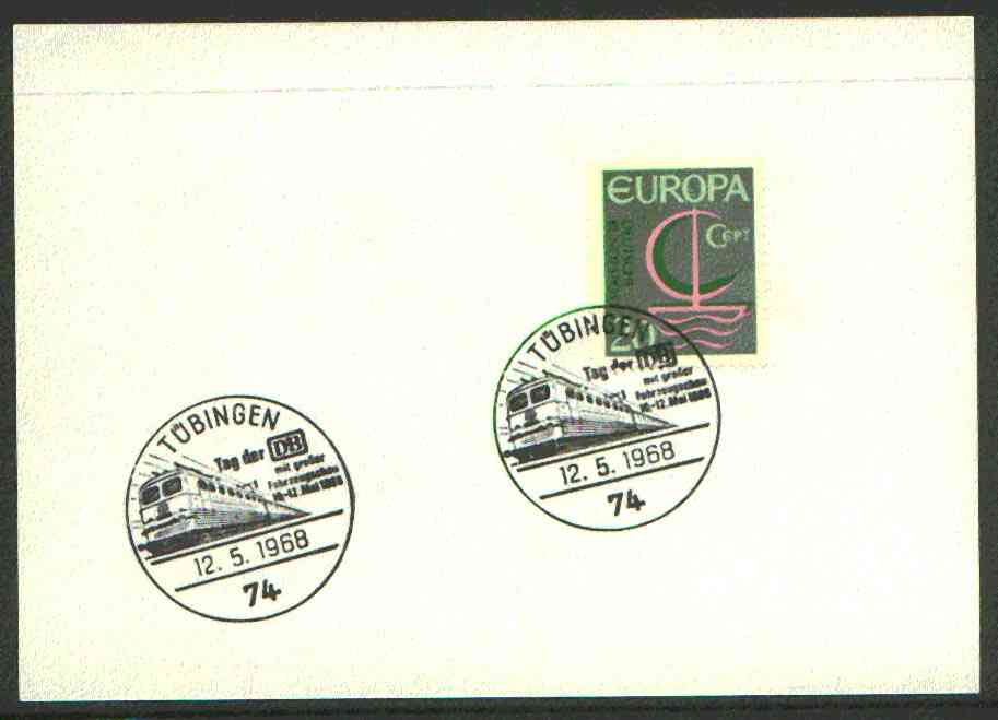 Germany - West 1968 unaddressed card with fine strike of Tbingen (74) illustrated Railway cancel, stamps on railways