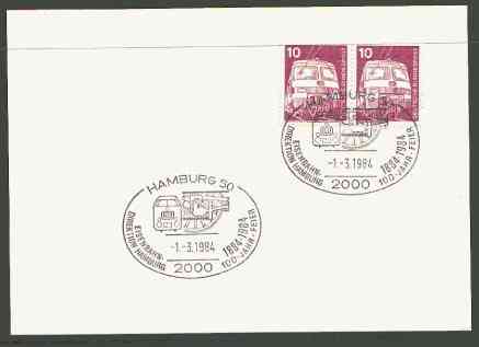 Germany - West 1984 unaddressed card with fine strike of Hamburg 50 (2000) illustrated Railway cancel , stamps on , stamps on  stamps on railways