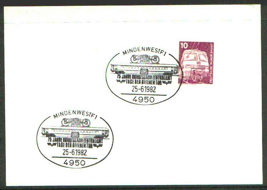 Germany - West 1982 unaddressed card with fine strike of Minden,westf 1 (4850) illustrated Railway cancel , stamps on railways