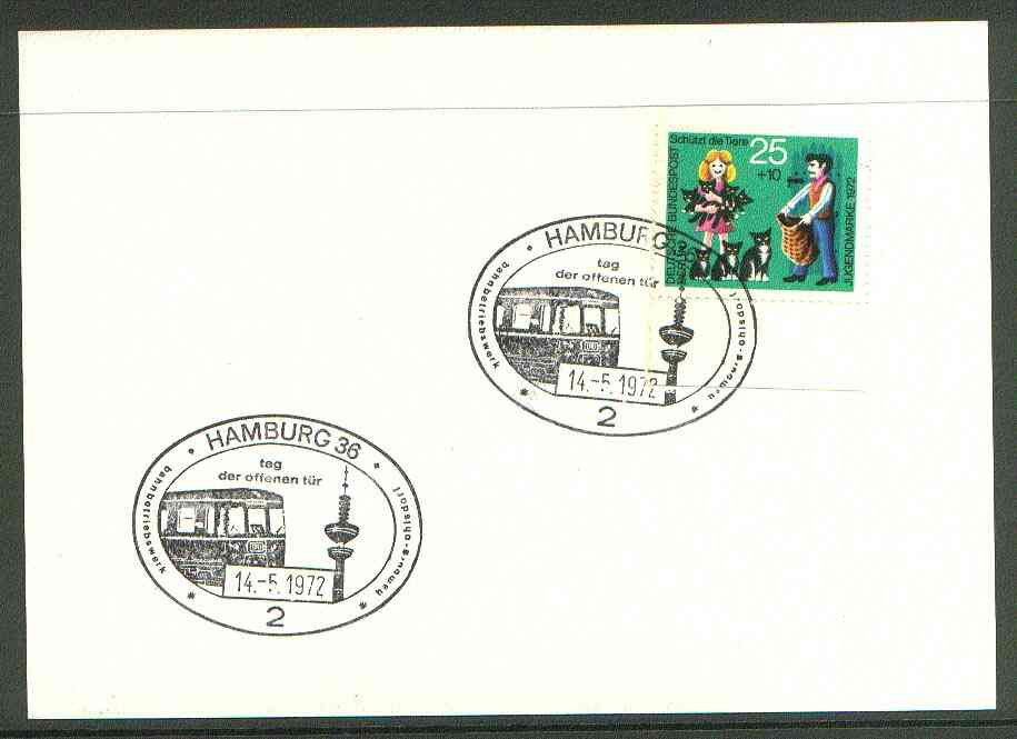 Germany - West 1972 unaddressed card with fine strike of Hamburg 36 (2) illustrated Railway cancel , stamps on railways