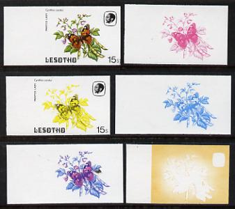 Lesotho 1984 Butterflies Painted Lady 15s value x 6 imperf progressive proofs comprising various individual or combination composites, stamps on butterflies