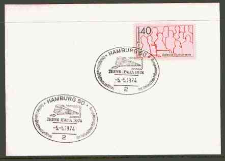 Germany - West 1974 unaddressed card with fine strike of Hamburg 50 (2) illustrated Railway cancel , stamps on railways