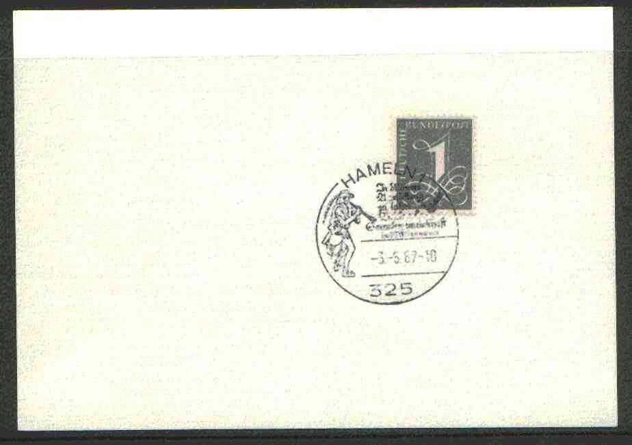 Germany - West 1967 unaddressed card with fine strike of Hamelin 1 illustrated Pied Piper cancel, stamps on fairy tales, stamps on 