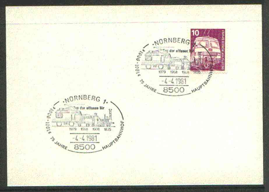 Germany - West 1974 unaddressed card with fine strike of Nornberg 1 (8500) illustrated Railway cancel , stamps on , stamps on  stamps on railways