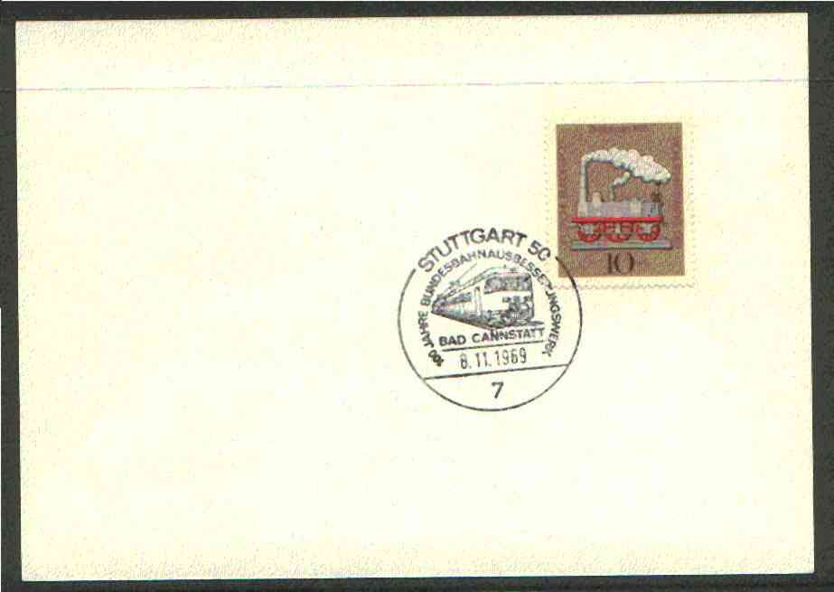 Germany - West 1969 unaddressed card with fine strike of Stuttgart 50 (7) illustrated Railway cancel , stamps on railways