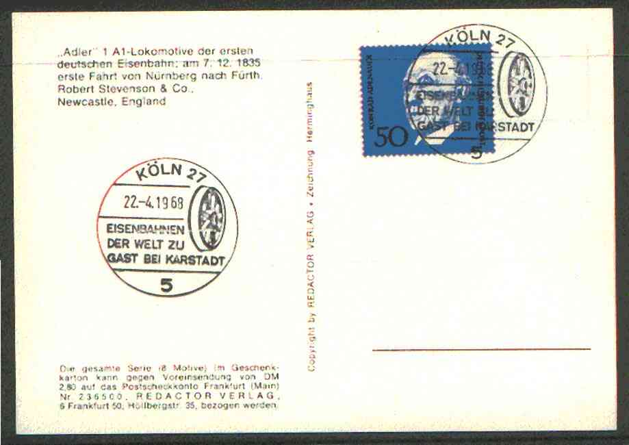 Germany - West 1968 unaddressed card with fine strike of Kln 27 (5) illustrated Railway cancel (Flanged wheel), stamps on railways