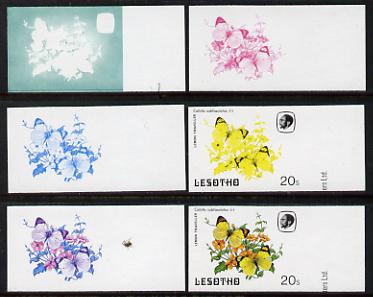 Lesotho 1984 Butterflies Lemon Traveller 20s value x 6 imperf progressive proofs comprising various individual or combination composites, stamps on butterflies