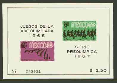 Mexico 1967 Olympic Games (3rd Issue - Air) imperf m/sheet showing Diving & Running unmounted mint, SG MS 1150a, stamps on , stamps on  stamps on sport, stamps on olympics, stamps on diving, stamps on running