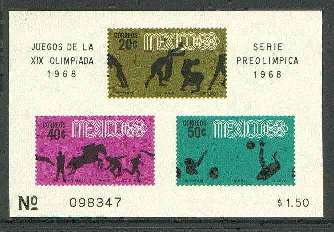 Mexico 1968 Olympic Games (4th Issue - Postage) imperf m/sheet showing Wrestling, Water Polo & Various Sports unmounted mint, SG MS 1164a, stamps on , stamps on  stamps on sport, stamps on olympics, stamps on wrestling, stamps on water polo, stamps on show jumping, stamps on fencing