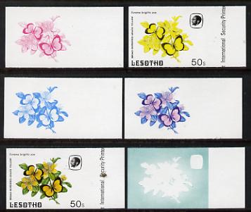 Lesotho 1984 Butterflies Broad-Bordered Grass Yellow 50s value x 6 imperf progressive proofs comprising various individual or combination composites, stamps on butterflies