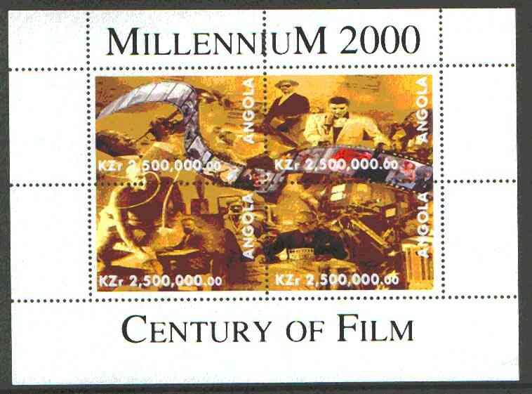 Angola 2000 Century of Film perf sheetlet containing set of 4 values (Elvis, Louis Armstrong etc) unmounted mint, stamps on entertainments, stamps on films, stamps on cinema, stamps on elvis, stamps on jazz