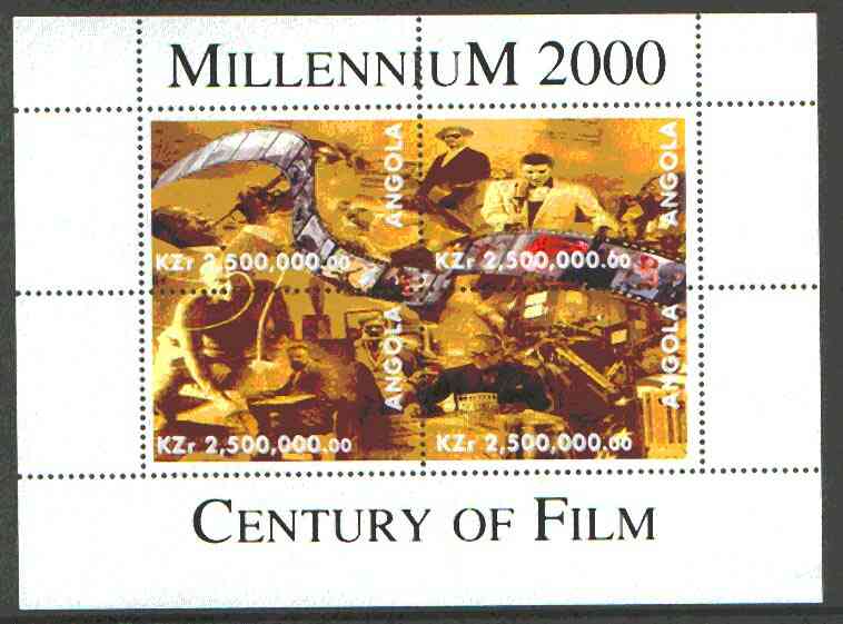 Angola 2000 Century of Film perf sheetlet containing set of 4 values (Elvis, Louis Armstrong etc) unmounted mint, stamps on , stamps on  stamps on entertainments, stamps on films, stamps on cinema, stamps on elvis, stamps on jazz