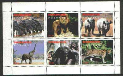 Mordovia Republic 1999 Wild Animals perf sheetlet containing set of 6 values unmounted mint, stamps on animals, stamps on zebra, stamps on lions, stamps on cats, stamps on hippo, stamps on elephants, stamps on apes
