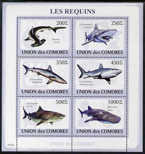 Comoro Islands 2009 Sharks perf sheetlet containing 6 values unmounted mint, stamps on marine life, stamps on sharks, stamps on fish