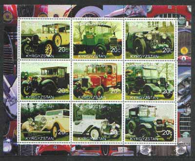 Kyrgyzstan 2000 Vintage Cars & Trucks perf sheetlet containing set of 9 values unmounted mint, stamps on cars, stamps on trucks, stamps on  mg , stamps on 
