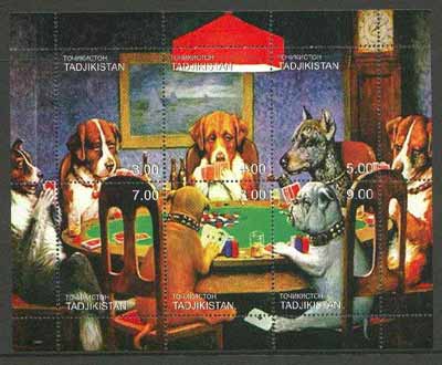 Tadjikistan 2000 Dogs Playing Poker composite perf sheetlet containing complete set of 6 values unmounted mint, stamps on dogs, stamps on playing cards, stamps on gambling