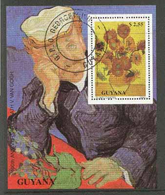 Guyana 1990 Van Gogh perf m/sheet (Sunflowers & Self Portrait) cto used, stamps on arts, stamps on van gogh, stamps on flowers