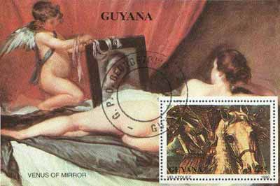 Guyana 1990 Velazquez perf m/sheet (Venus of Mirror) cto used, stamps on arts, stamps on velazquez, stamps on nudes, stamps on horses, stamps on renaissance