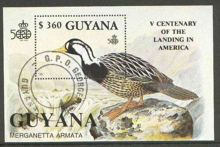 Guyana 1991 Discovery of America perf m/sheet (Duck) cto used, stamps on , stamps on  stamps on birds, stamps on ducks, stamps on 