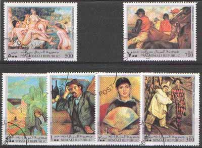 Somalia 1999 Paintings set of 6 fine cto used (Renoir, Cezanne, Degas, Gauguin)*, stamps on , stamps on  stamps on arts, stamps on nudes, stamps on gauguin, stamps on cezanne, stamps on smoking, stamps on tobacco, stamps on renoir, stamps on fans, stamps on degas, stamps on gauguin, stamps on nudes