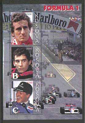 Kosova 2000 Formula 1 perf sheetlet containing set of 3 values unmounted mint, stamps on , stamps on  stamps on motorsport, stamps on racing cars, stamps on formula 1, stamps on  stamps on  f1 , stamps on  stamps on cars