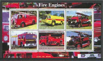 Turkmenistan 2000 Fire Engines perf sheetlet containing set of 6 values unmounted mint, stamps on , stamps on  stamps on fire