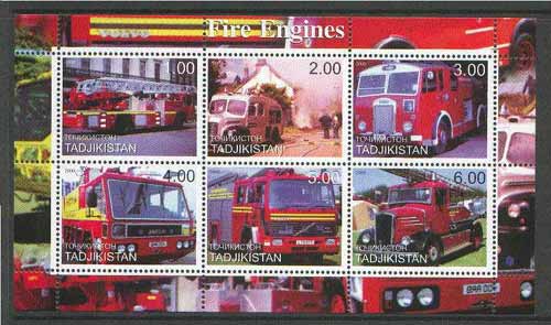 Tadjikistan 2000 Fire Engines perf sheetlet containing set of 6 values unmounted mint, stamps on , stamps on  stamps on fire