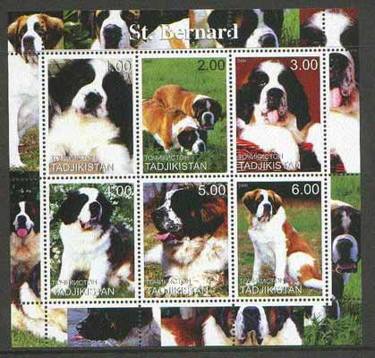 Tadjikistan 2000 St Bernard Dogs perf sheetlet containing set of 6 values, stamps on dogs, stamps on st bernard