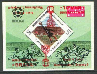 Yemen - Royalist 1970 World Cup Football 34b value (diamond shaped) imperf m/sheet unmounted mint opt'd 'Brazil World Champions' in red with opt DOUBLED (one inverted), stamps on , stamps on  stamps on football, stamps on  stamps on sport