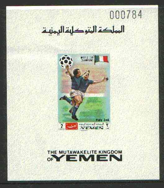 Yemen - Royalist 1970 World Cup Football 2b value imperf individual de-luxe sheet optd World Cup Champions - Italy 2nd in black unmounted mint, stamps on football, stamps on sport