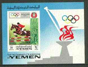 Yemen - Republic 1972 Munich Olympic Games m/sheet 24b (Show jumping) imperf m/sheet (stamp in colour) with M\9Fnchen 1972 opt inverted unmounted mint, stamps on olympics, stamps on show jumping, stamps on horses