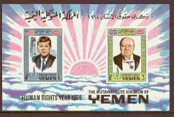 Yemen - Royalist 1968 Human Rights imperf m/sheet (Churchill & Kennedy) with emblem in silver (Mi BL 119) unmounted mint, stamps on , stamps on  stamps on personalities, stamps on churchill, stamps on human rights, stamps on  kennedy 