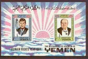 Yemen - Royalist 1968 Human Rights imperf m/sheet (Churchill & Kennedy) with emblem in silver (Mi BL 119) unmounted mint, stamps on personalities, stamps on churchill, stamps on human rights, stamps on  kennedy 