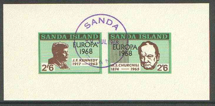 Sanda Island 1968 Europa opt'd on Kennedy & Churchill imperf m/sheet with first day Sanda cancel, stamps on , stamps on  stamps on kennedy, stamps on personalities, stamps on churchill, stamps on europa