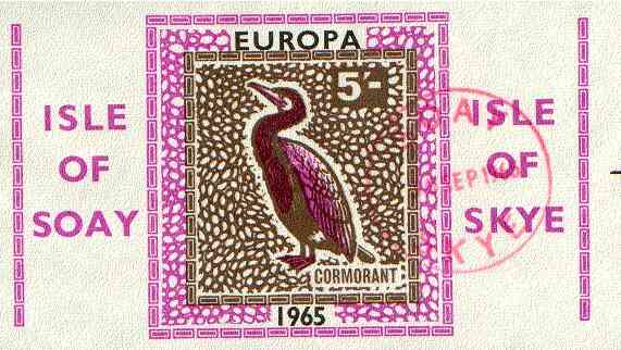 Isle of Soay 1965 Europa (Cormorant) 5s value imperf, fine used with Soay cancellation, stamps on , stamps on  stamps on birds, stamps on europa, stamps on cormorant