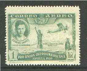 Spain 1930 Lindbergh & Spirit of St Louis 1c green (from Spanish-American Exhibition) minor gum disturbance otherwise unmounted mint SG 650 (Blocks & gutter pairs available - price pro rata), stamps on aviation, stamps on lindbergh, stamps on liberty, stamps on cats, stamps on masonics, stamps on masonry