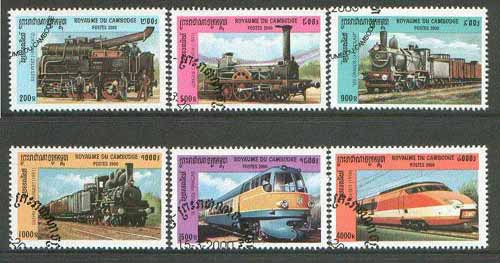 Cambodia 2000 Railways set of 6 fine cto used*, stamps on railways