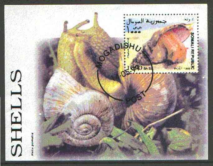 Somalia 1999 Shells m/sheet fine cto used, stamps on , stamps on  stamps on shells, stamps on marine life