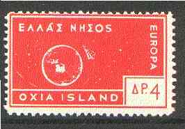 Cinderella - Oxia Island (Greek Local) 1963 4d orange-red Europa perf label showing rocket orbitting Earth (?) unmounted mint, blocks pro rata, stamps on europa, stamps on space, stamps on rockets