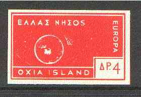 Cinderella - Oxia Island (Greek Local) 1963 4d orange-red Europa imperf label showing rocket orbitting Earth (?) unmounted mint. blocks pro rata, stamps on , stamps on  stamps on europa, stamps on space, stamps on rockets