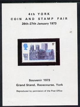 Exhibition souvenir sheet for 1973 4th York Coin & Stamp Fair showing  Great Britain 5d Cathedral unmounted mint, stamps on , stamps on  stamps on buildings     churches         stamp exhibitions   cinderella      cathedrals