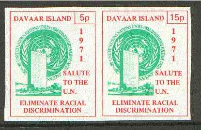 Davaar Island 1971 Imperf 5p & 15p red & green se-tenant pair (Salute to the UN - Racial Discrimination) produced for use during Great Britain Postal strike unmounted mint, stamps on , stamps on  stamps on strike, stamps on united nations, stamps on racism, stamps on  stamps on human rights  