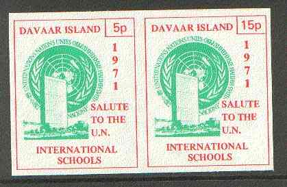 Davaar Island 1971 Imperf 5p & 15p red & green se-tenant pair (Salute to the UN - International Schools) produced for use during Great Britain Postal strike, unmounted mi..., stamps on strike, stamps on education, stamps on racism, stamps on human rights  , stamps on united nations