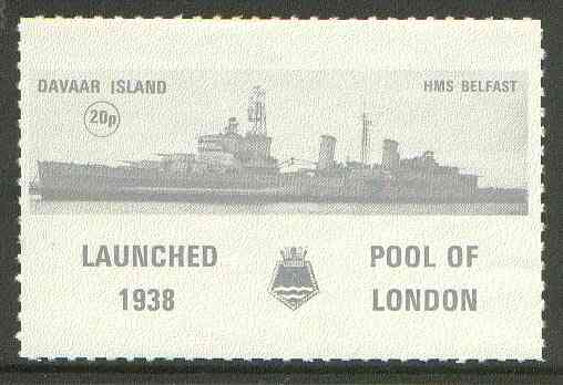 Davaar Island 1972 HMS Belfast 20p grey Rouletted with tab (Launched 1938, Pool of London with crest) unmounted mint, stamps on , stamps on  stamps on ships