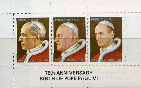 Davaar Island 1973 Popes (Pius XII, John XXIII & Paul VI) rouletted m/sheet unmounted mint with 75th Birth Anniversary of Pope Paul VI imprint, stamps on , stamps on  stamps on personalities, stamps on religion, stamps on pope