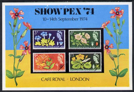 Exhibition souvenir sheet for 1974 Showpex showing  Great Britain Botanical set of 4 unmounted mint, stamps on , stamps on  stamps on flowers    stamp exhibitions    cinderella