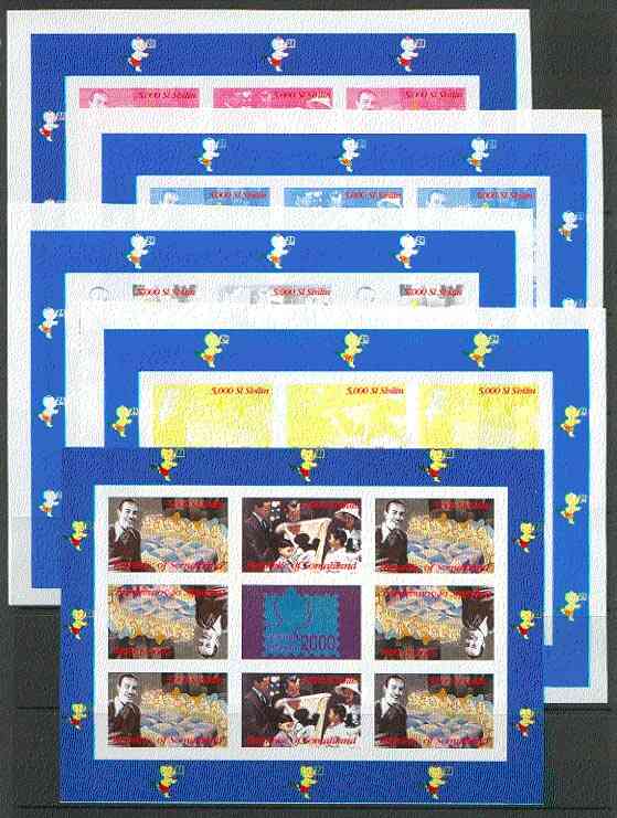 Somaliland 2000 Walt Disney & Seven Dwarfs sheetlet containing set of 8 values in tete-beche format plus Bangkok 2000 label, the set of 5 imperf progressive proofs comprising various 3-colour and all 4-colour composites unmounted mint, stamps on , stamps on  stamps on films, stamps on  stamps on entertainments, stamps on  stamps on disney, stamps on  stamps on movies, stamps on  stamps on cinema, stamps on  stamps on stamp exhibitions